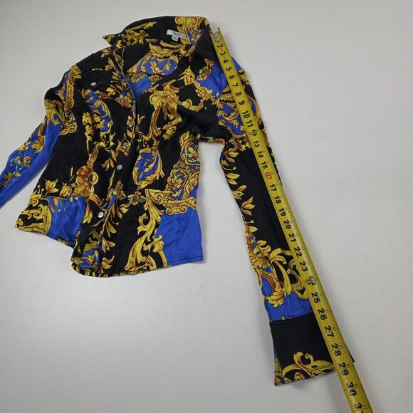 Cache Shirt Womens Medium Black Blue Gold Baroque Silk Stretch Snap Front Fitted - Picture 7 of 12